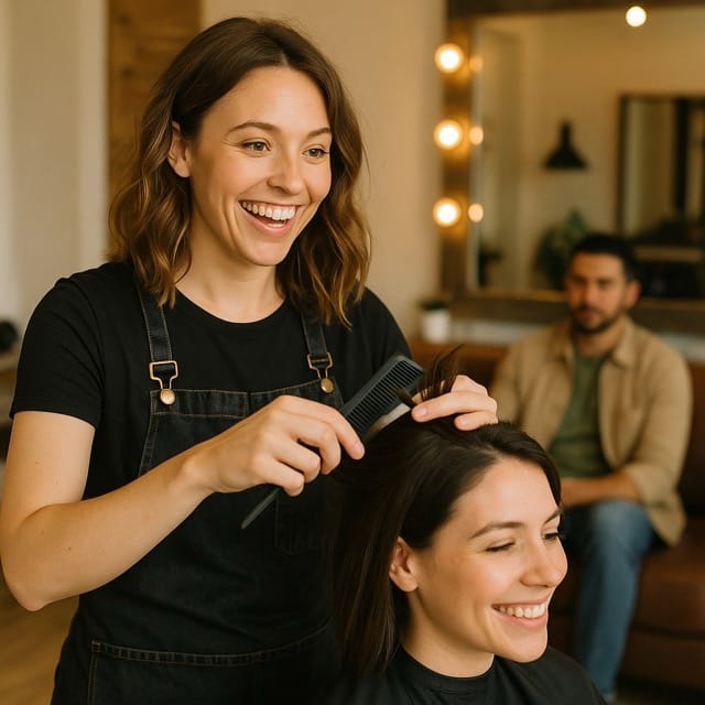 Relaxed salon owner managing social media
