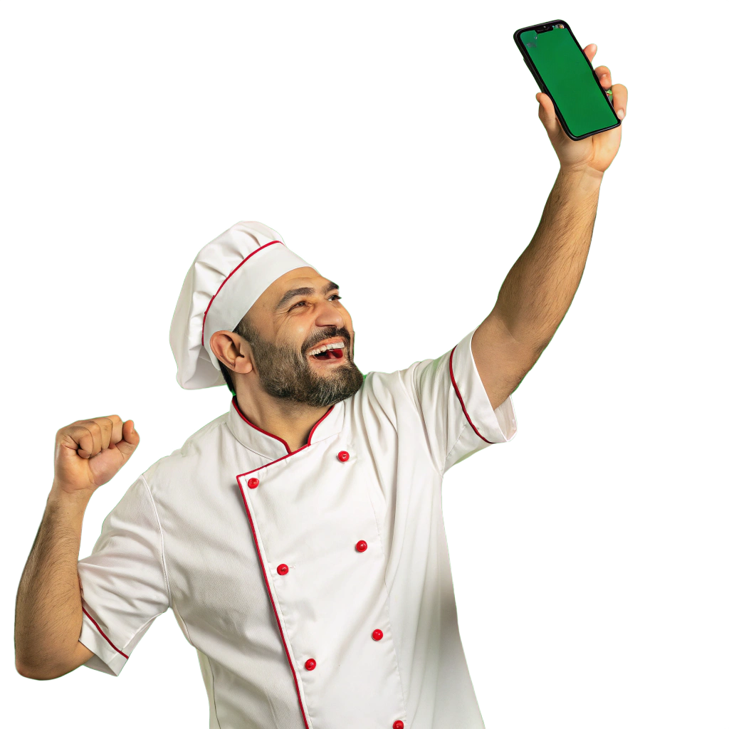 Pizza baker using social media on phone